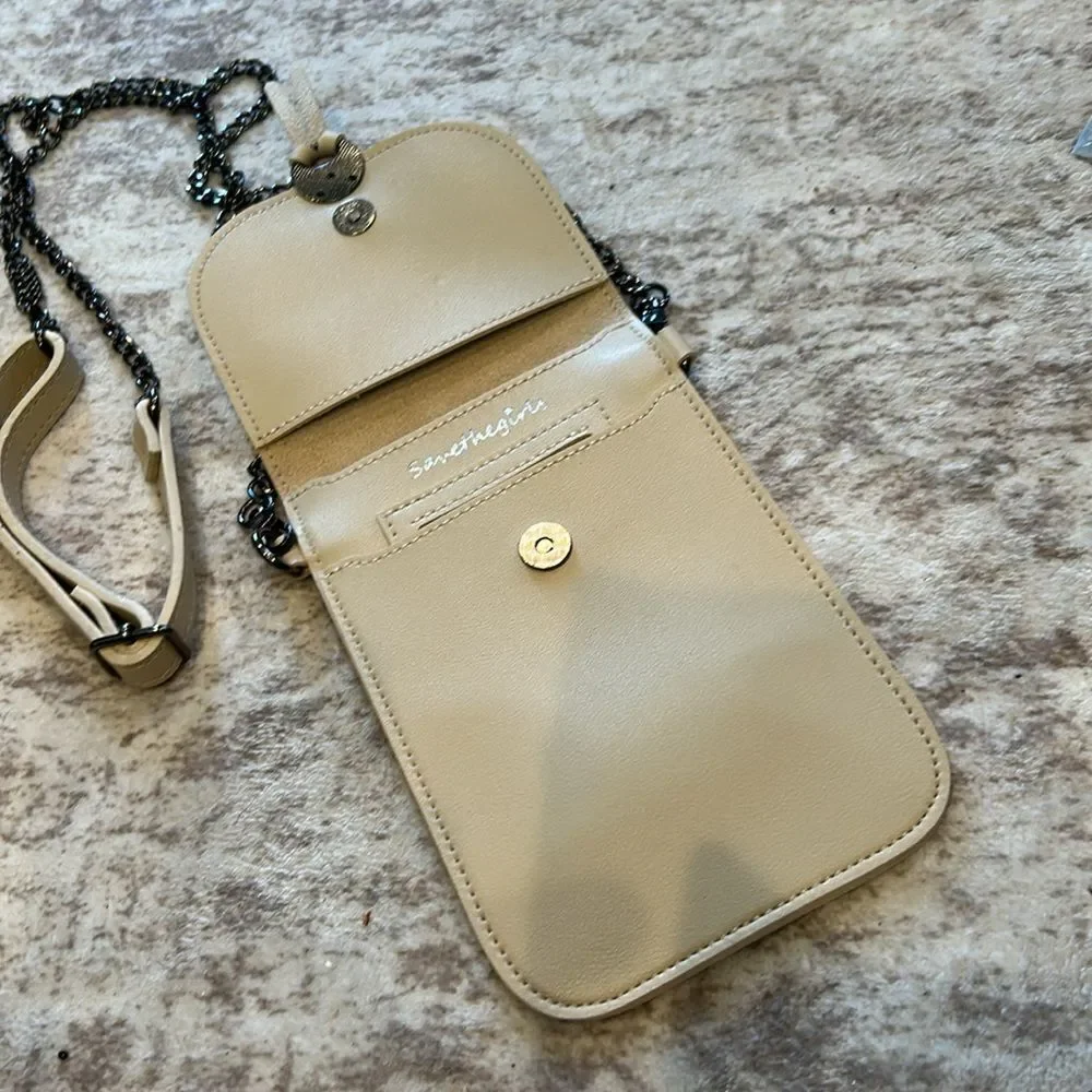 Lori Greiner in cream Save The Girls Crossbody Cell Touch Access Phone Bag NWOT